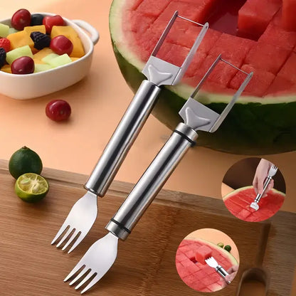 Watermelon Fork Slicer Cutter SlicerTool,2-in-1 Stainless Steel Fruit Cutter,Dual Head Fruit Forks Slicer Knife with Round Handle,Fruit Cutting Kitchen Utensils,Portable Modern.