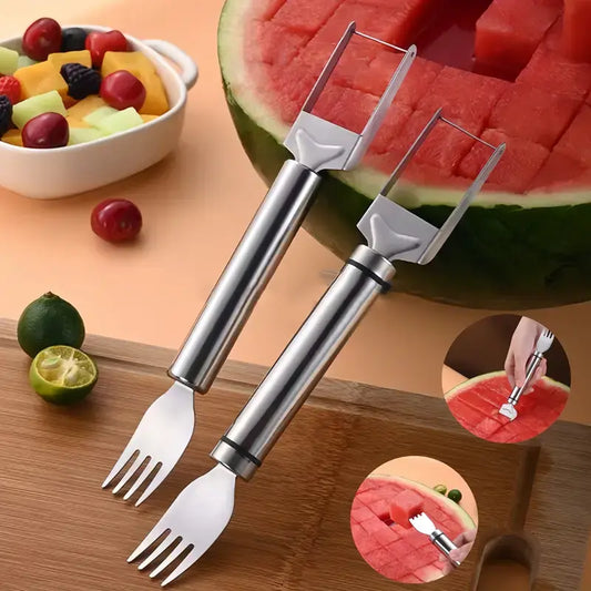 Watermelon Fork Slicer Cutter SlicerTool,2-in-1 Stainless Steel Fruit Cutter,Dual Head Fruit Forks Slicer Knife with Round Handle,Fruit Cutting Kitchen Utensils,Portable Modern.