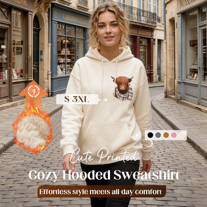 🔥 63% Off Today | Women's Highland Cow Fleece-Lined Hooded Sweatshirt