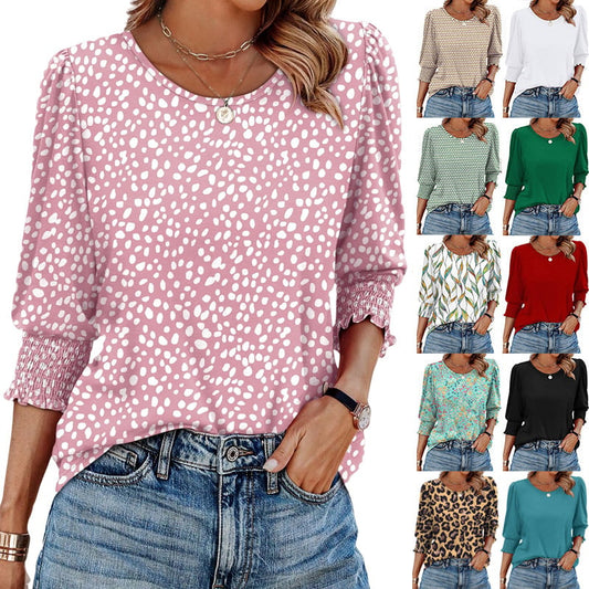 🏖️Women Dressy Casual 3/4 Length Sleeve Blouses with Smocked Cuffs