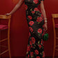 🖤 Black Friday Early Access: 50% OFF 🖤Cheongsam Style Rose Floral Print Tiered Flare Sleeve Stretch Maxi Dress