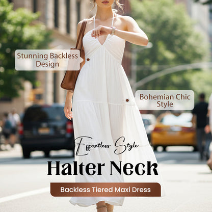 👗 🌞 Halter Backless Tiered Maxi – Deep V, Adjustable & Flowy Boho (Black/White/Yellow) 🏖️