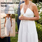👗 🌞 Halter Backless Tiered Maxi – Deep V, Adjustable & Flowy Boho (Black/White/Yellow) 🏖️