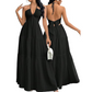 👗 🌞 Halter Backless Tiered Maxi – Deep V, Adjustable & Flowy Boho (Black/White/Yellow) 🏖️