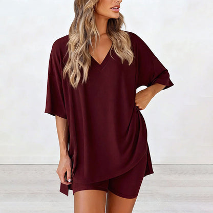 Crewneck Two-Piece Set For Women Summer Casual Oversized Split Hem Shirts & Side Pocket Biker Shorts Minimalist Lounge Wear Soft Viscose Fabric Comfy Homewear Cozy Pjs