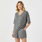 Crewneck Two-Piece Set For Women Summer Casual Oversized Split Hem Shirts & Side Pocket Biker Shorts Minimalist Lounge Wear Soft Viscose Fabric Comfy Homewear Cozy Pjs