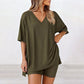 Crewneck Two-Piece Set For Women Summer Casual Oversized Split Hem Shirts & Side Pocket Biker Shorts Minimalist Lounge Wear Soft Viscose Fabric Comfy Homewear Cozy Pjs