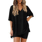 Crewneck Two-Piece Set For Women Summer Casual Oversized Split Hem Shirts & Side Pocket Biker Shorts Minimalist Lounge Wear Soft Viscose Fabric Comfy Homewear Cozy Pjs