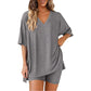 Crewneck Two-Piece Set For Women Summer Casual Oversized Split Hem Shirts & Side Pocket Biker Shorts Minimalist Lounge Wear Soft Viscose Fabric Comfy Homewear Cozy Pjs