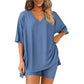 Crewneck Two-Piece Set For Women Summer Casual Oversized Split Hem Shirts & Side Pocket Biker Shorts Minimalist Lounge Wear Soft Viscose Fabric Comfy Homewear Cozy Pjs