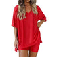 Crewneck Two-Piece Set For Women Summer Casual Oversized Split Hem Shirts & Side Pocket Biker Shorts Minimalist Lounge Wear Soft Viscose Fabric Comfy Homewear Cozy Pjs
