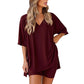 Crewneck Two-Piece Set For Women Summer Casual Oversized Split Hem Shirts & Side Pocket Biker Shorts Minimalist Lounge Wear Soft Viscose Fabric Comfy Homewear Cozy Pjs