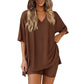 Crewneck Two-Piece Set For Women Summer Casual Oversized Split Hem Shirts & Side Pocket Biker Shorts Minimalist Lounge Wear Soft Viscose Fabric Comfy Homewear Cozy Pjs
