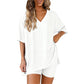 Crewneck Two-Piece Set For Women Summer Casual Oversized Split Hem Shirts & Side Pocket Biker Shorts Minimalist Lounge Wear Soft Viscose Fabric Comfy Homewear Cozy Pjs