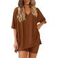Crewneck Two-Piece Set For Women Summer Casual Oversized Split Hem Shirts & Side Pocket Biker Shorts Minimalist Lounge Wear Soft Viscose Fabric Comfy Homewear Cozy Pjs