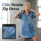 👗Summer Hot Sale - Up to 50% OFF⚡50K+ SOLD!🎁Women Casual Denim Shirt Dress Loose Lapel Short Sleeve Zipper Dress with Pockets