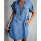 👗Summer Hot Sale - Up to 50% OFF⚡50K+ SOLD!🎁Women Casual Denim Shirt Dress Loose Lapel Short Sleeve Zipper Dress with Pockets
