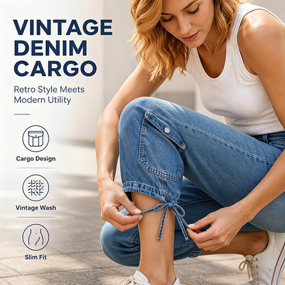 👖 Vintage Cargo Capri Jeans with Drawstring Hem – Functional Pockets & Relaxed Style for City Days