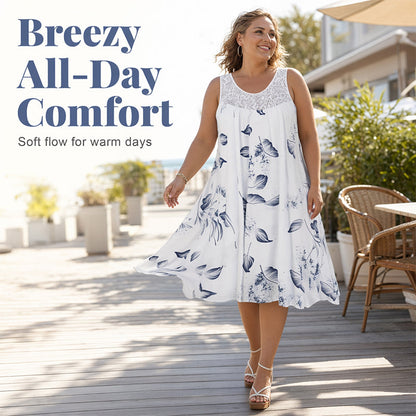 Summer Bestseller🔥👗 Round Neck Printed Sleeveless Dress with Lace Trim – Breathable & Lightweight for Everyday Elegance