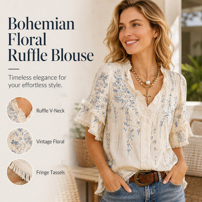 🎉 2026 Sale — Over 22,300 Sold!🌸 Women's Floral Print Ruffled V‑Neck Top