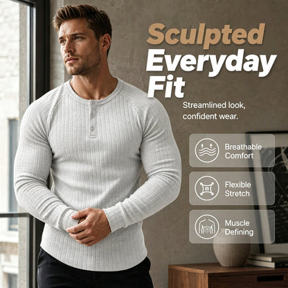 👕New Arrivals - Men's Slim Fit Henley Shirt – Sculpted Everyday Tee with Clean Solid Color & Flexible Comfort