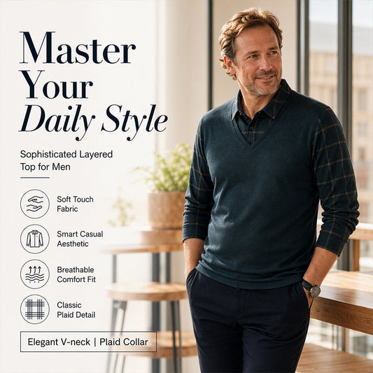 ⏰💖Black Friday Mega Deal – 50% off!💖✨ Timeless Comfort | Men's Plaid Layered-Look Knit Top