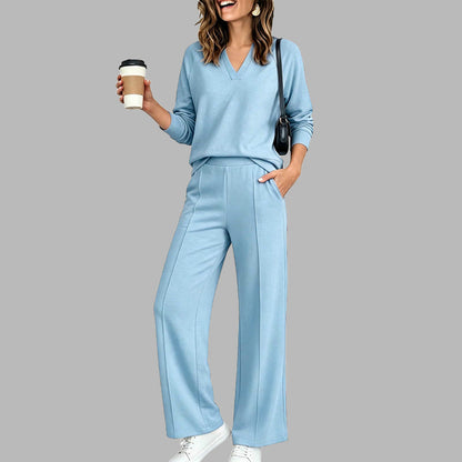 🎉 2 Pieces, Endless Possibilities | Women's V-Neck Top & Wide-Leg Pants Set