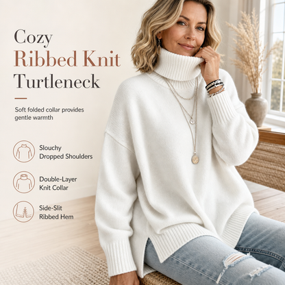 🧶 Relaxed Ribbed Fit, Easy Side-Slit Style | Women's Turtleneck Sweater