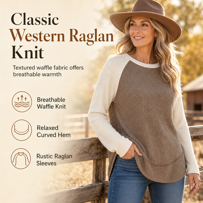 🍁Women's Western Ranch Style Raglan Long Sleeve Knit Top with Textured Waffle Fabric and Curved Hem