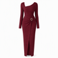 Women's Autumn Winter Solid Color Knit Texture Long Dress with Irregular Neckline