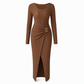 Women's Autumn Winter Solid Color Knit Texture Long Dress with Irregular Neckline