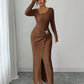Women's Autumn Winter Solid Color Knit Texture Long Dress with Irregular Neckline