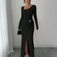Women's Autumn Winter Solid Color Knit Texture Long Dress with Irregular Neckline