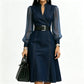 👗 Cinched Waist, Sheer Sleeve Detail | Women's Slimming Denim Dress