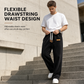 Men's Casual Corduroy Wide Leg Pants with Elastic Drawstring Waist Relaxed Fit Loose Trousers