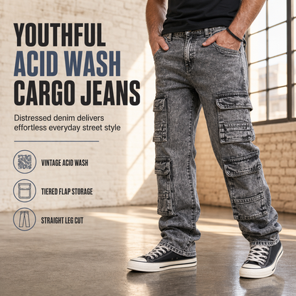 Retro Washed Wide Leg Cargo Jeans Y2K High Street Denim Pants with Pockets