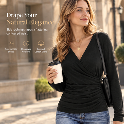 🌸Hot Sale 50% OFF💖Women's Slim Fit V Neck Long Sleeve Ruched Waist Top for Spring and Autumn