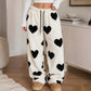 Women's Heart Print Plush Wide-Leg Pants