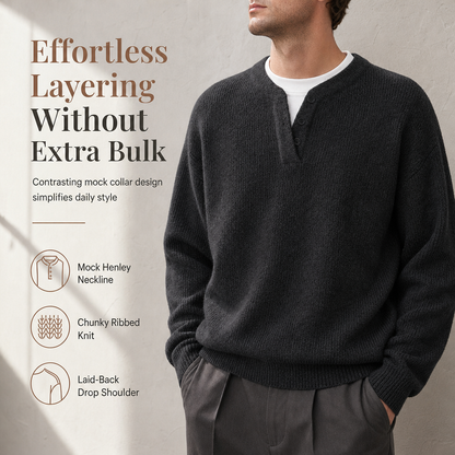 Men's Retro Henley Neck Mock Two Piece Sweater Relaxed Fit Long Sleeve Knit Pullover for Fall and Winter